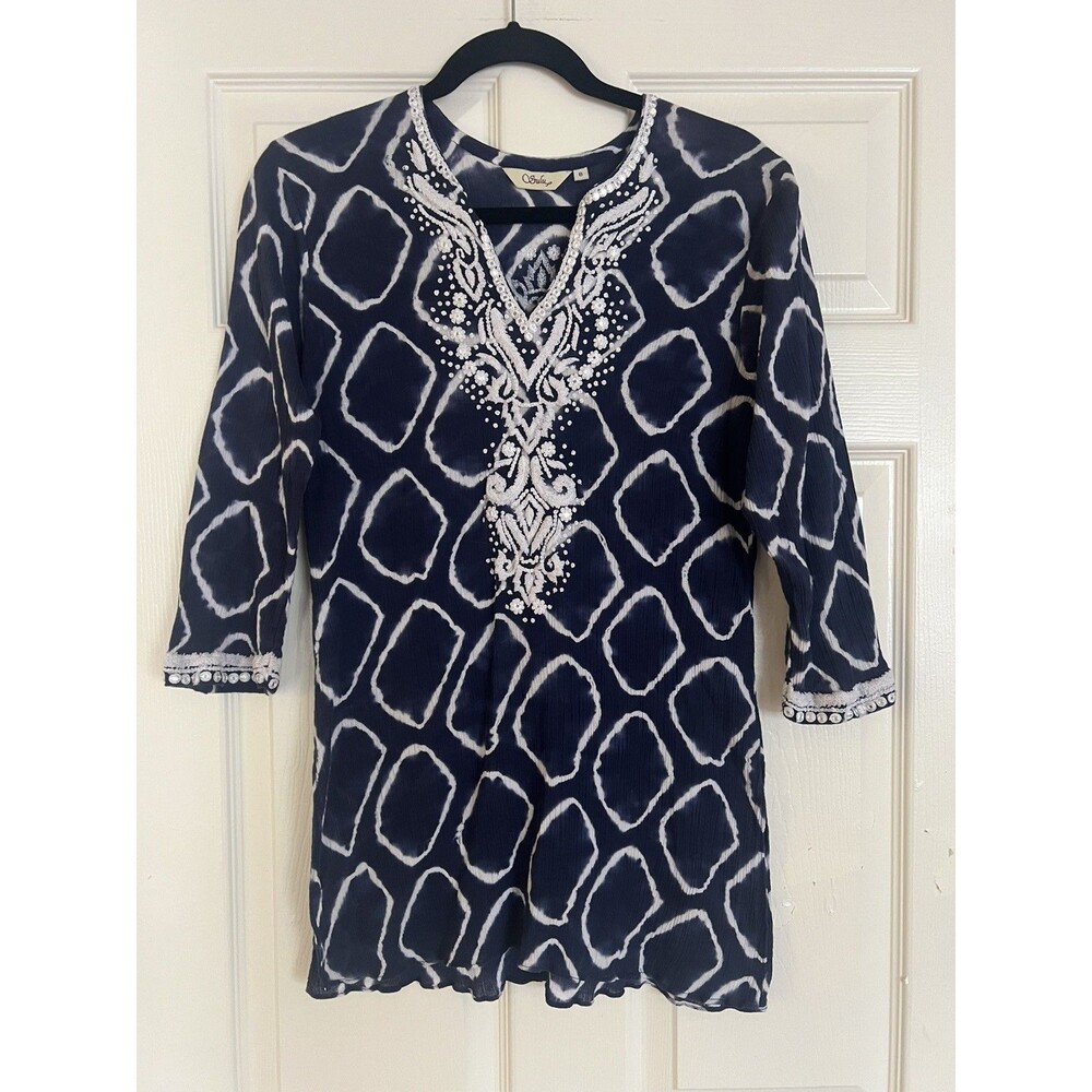 Sulu Collection Navy Blue Embroidered Beaded Tunic Top Sz 6 Boho Resort Caftan